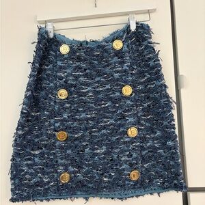Frayed Navy Tweed Mini Skirt with Gold Buttons